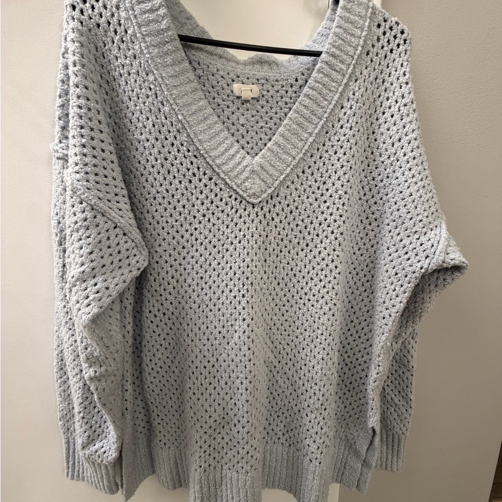 aerie Open-Knit V-Neck Sweater - Light Gray